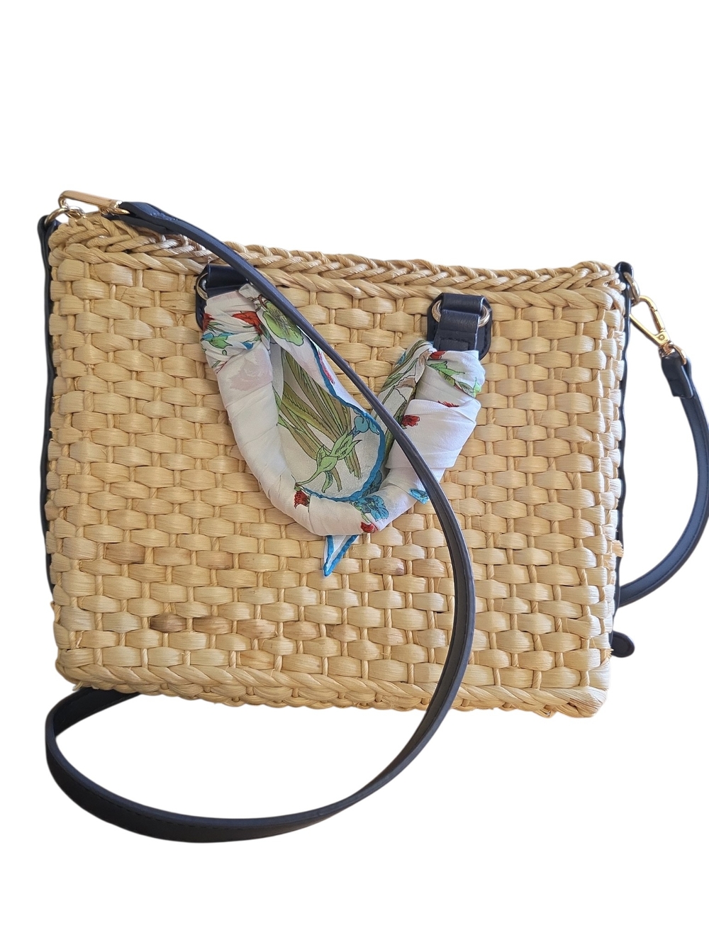 Talbots Woven Straw Crossbody with Navy Trim and Floral Scarf Accent